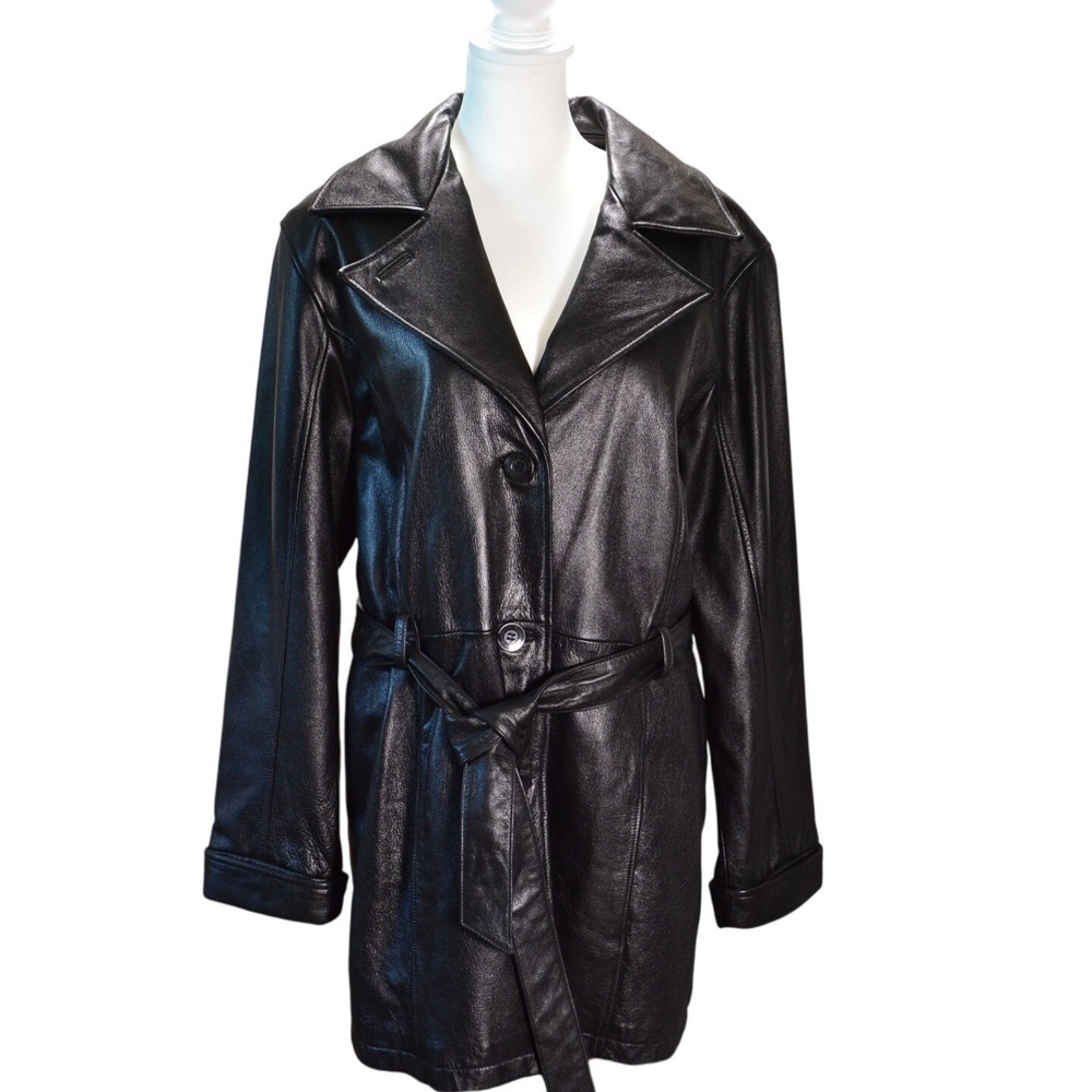 Wilsons Leather Trench Coat Work Winter Black‎ Belted Thinsulate XL Long Jacket